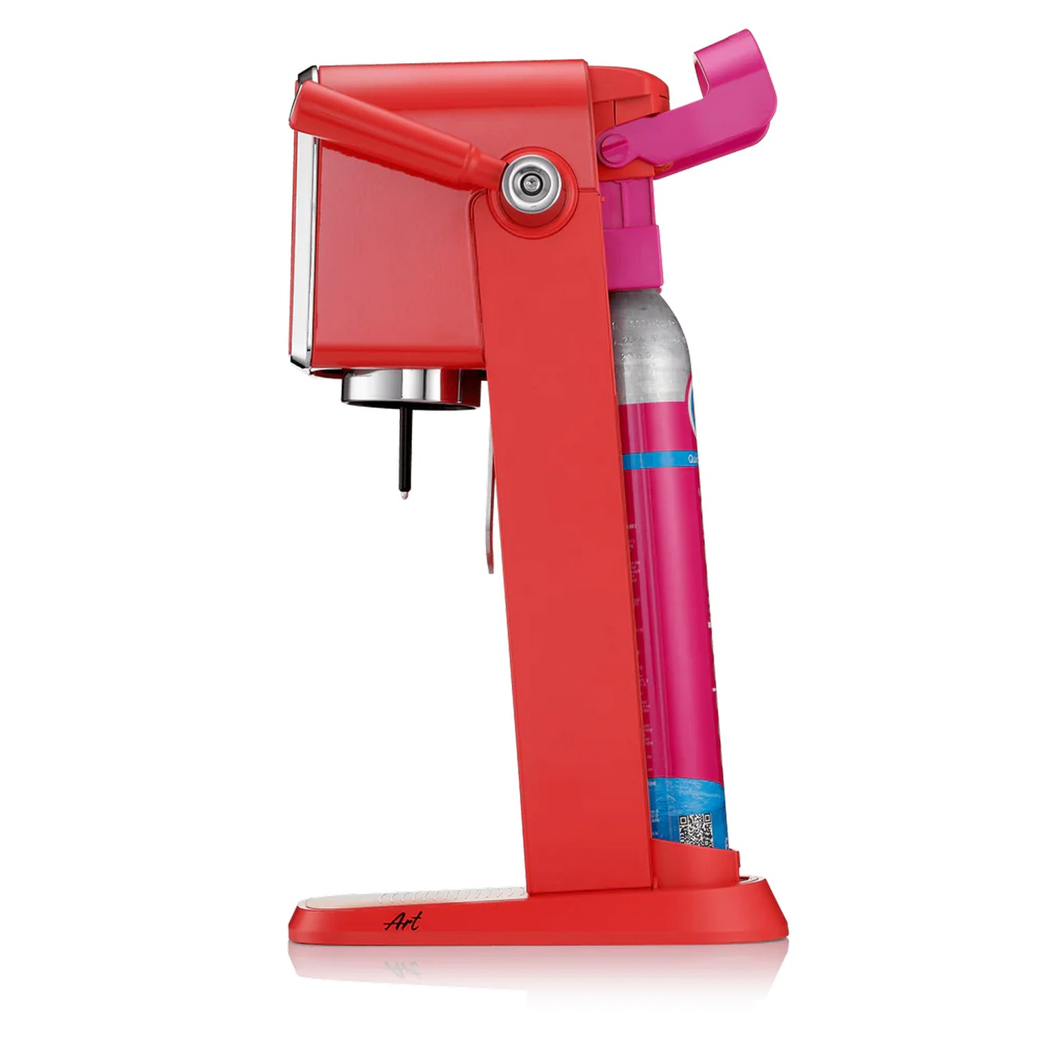 Un soda maker rouge avec un dessus rose, une bouteille de gaz et une base. Design moderne.