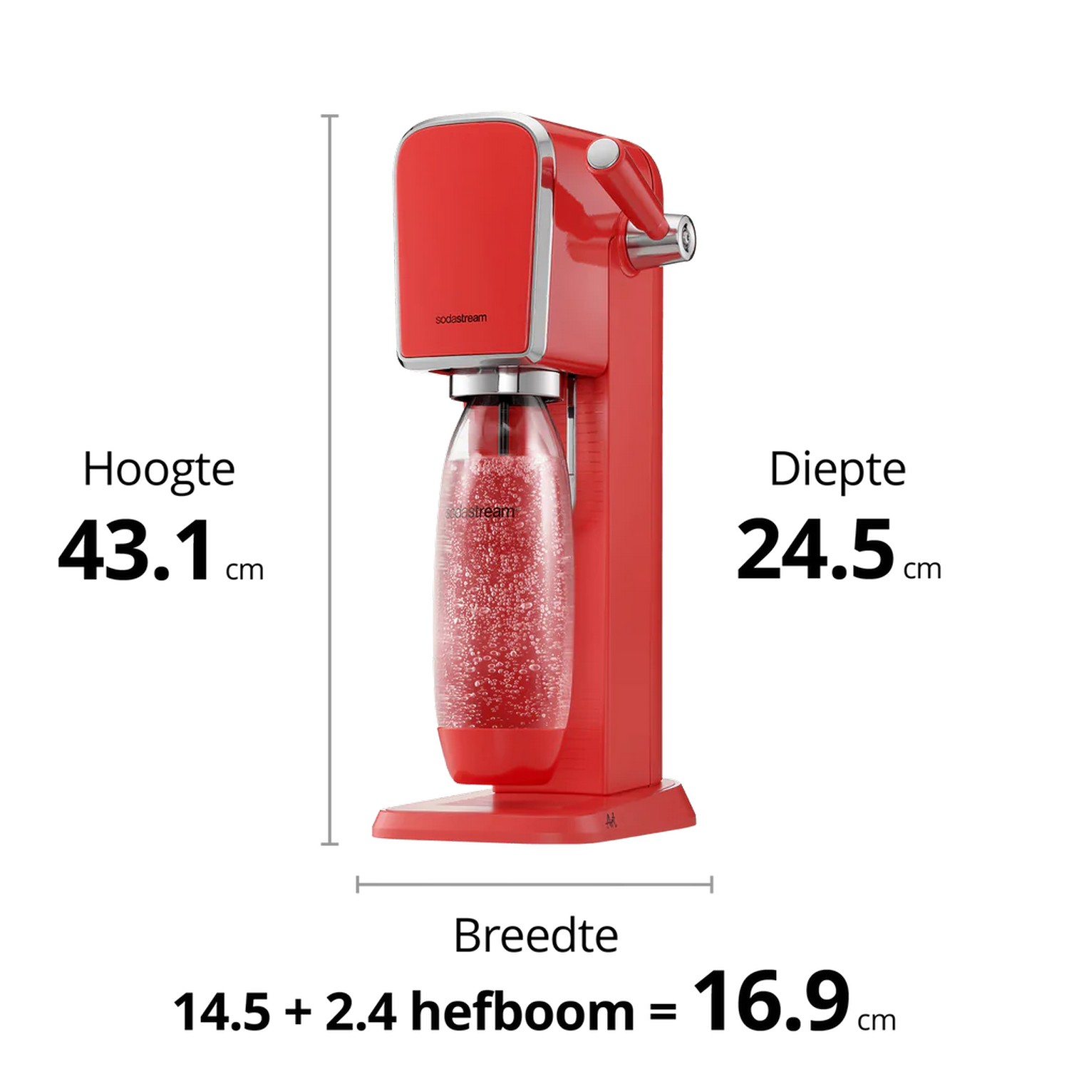 Machine à soda rouge avec mesures affichées sur fond blanc.