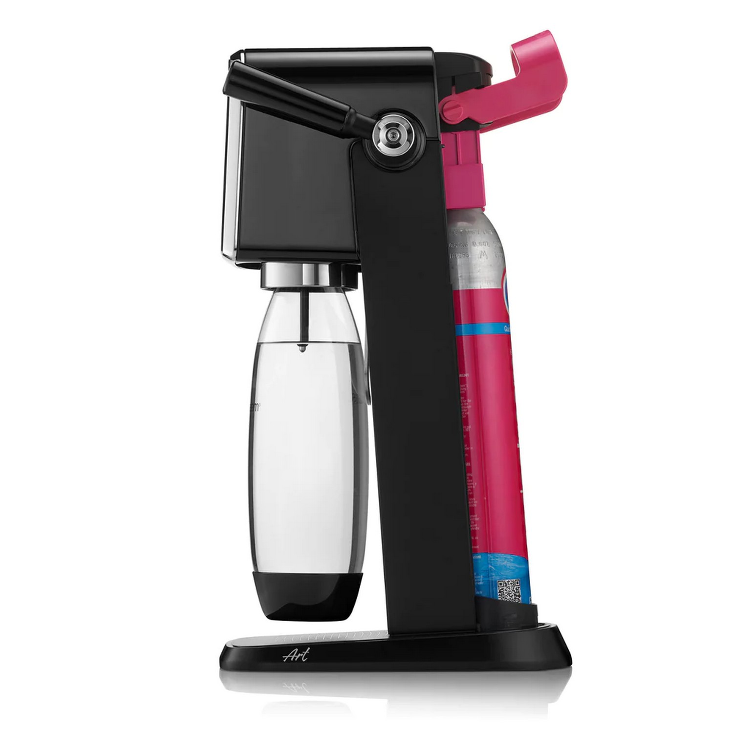 Black SodaStream machine with pink accents, transparent bottle. Modern design, white background.