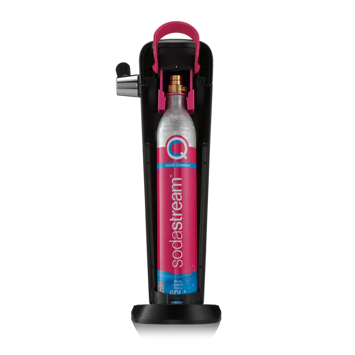 SodaStream machine with a pink cylinder. The machine is black with a pink handle. White background.