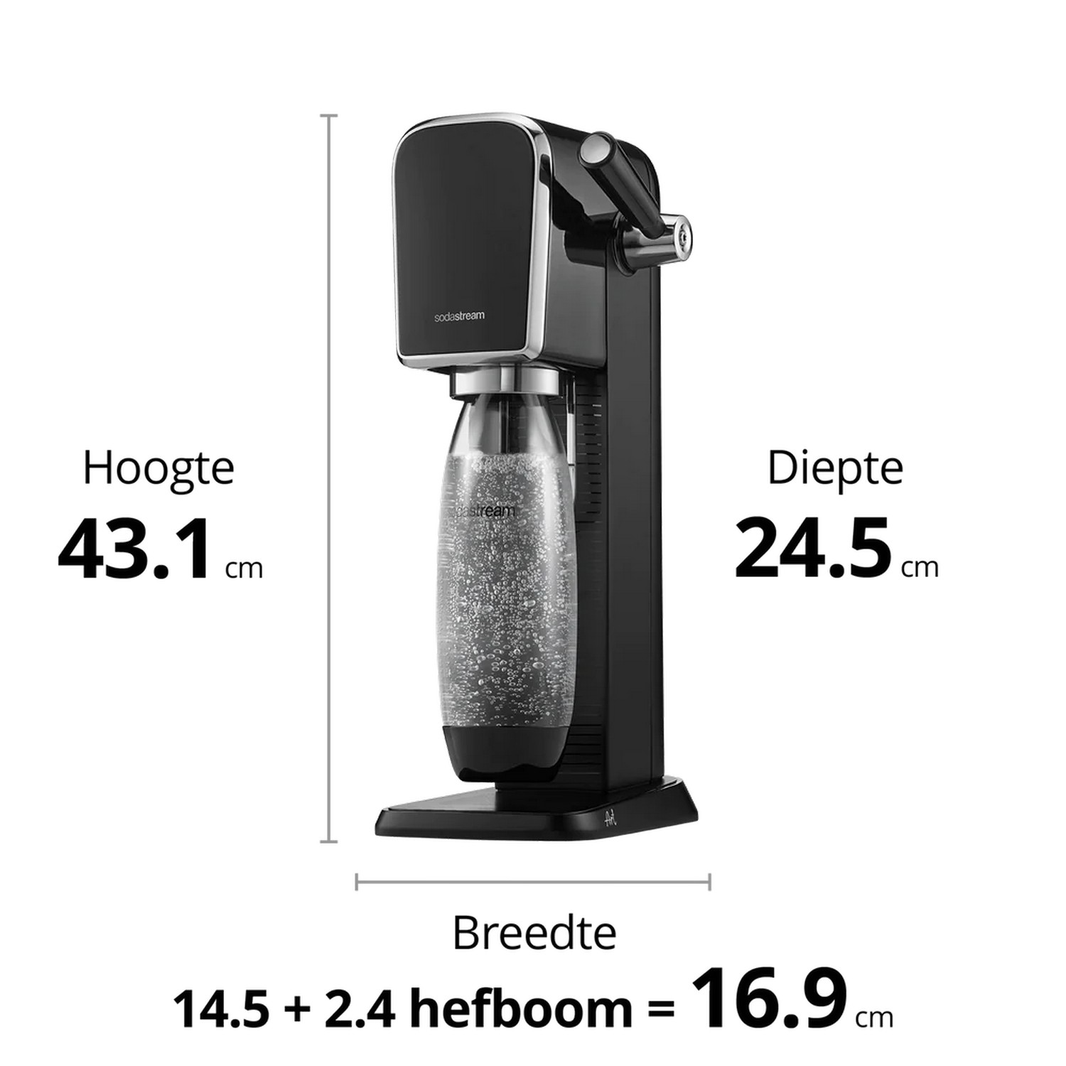 Black and silver SodaStream with dimensions labeled: 43.1cm height, 24.5cm depth, 16.9cm width.