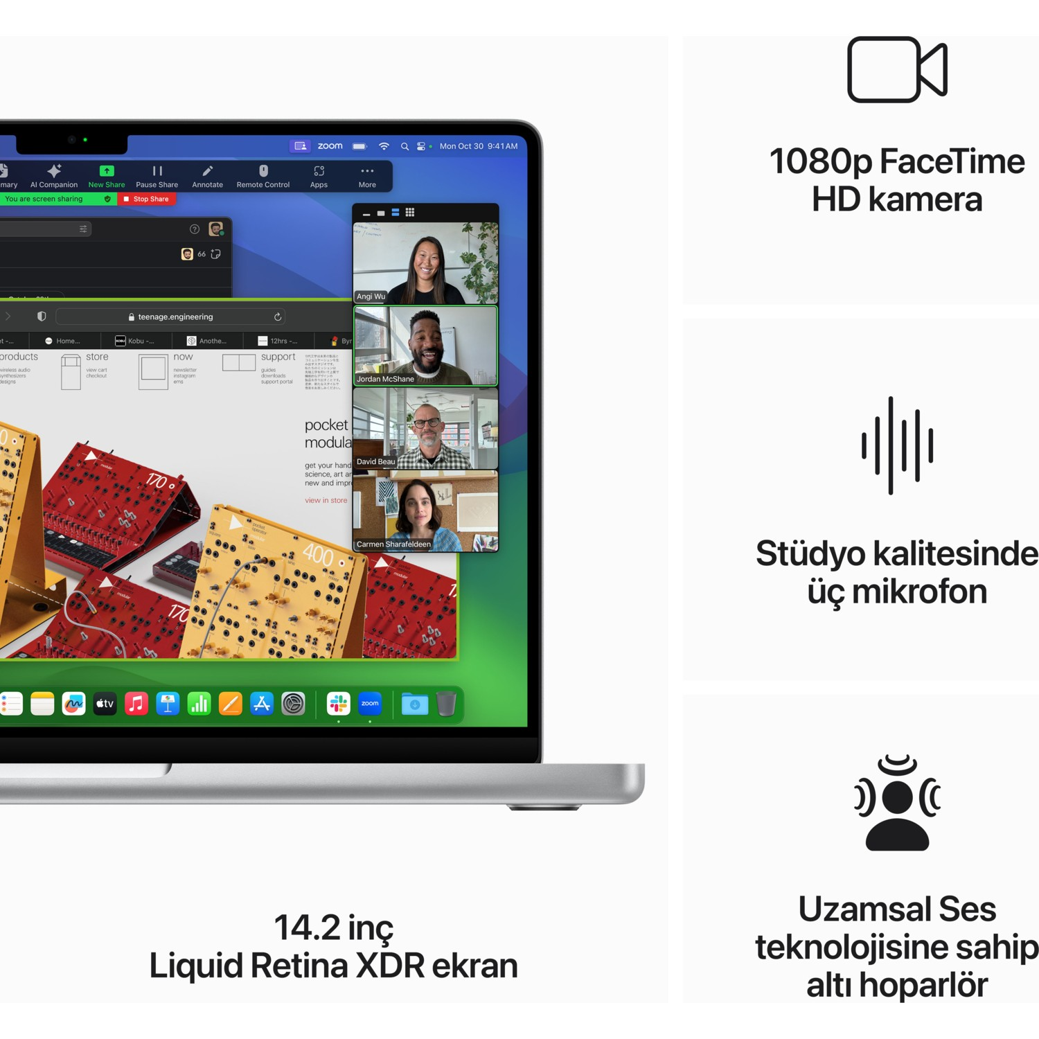 Video görüşmesi gösteren dizüstü bilgisayar ekranı. Özellikler: 1080p kamera, 3 mikrofon ve 14,2" ekran.