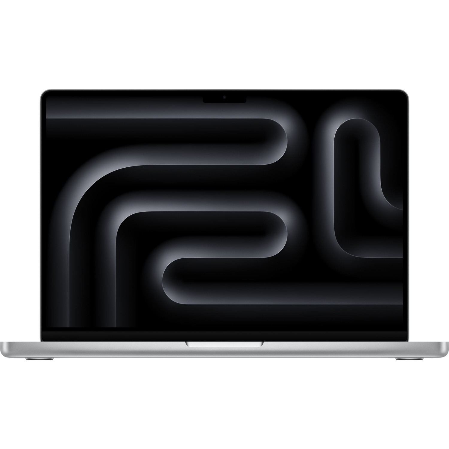 Gümüş MacBook Pro dizüstü bilgisayar, kapalı, beyaz arka plan üzerinde, dalgalı desenli siyah ekran.