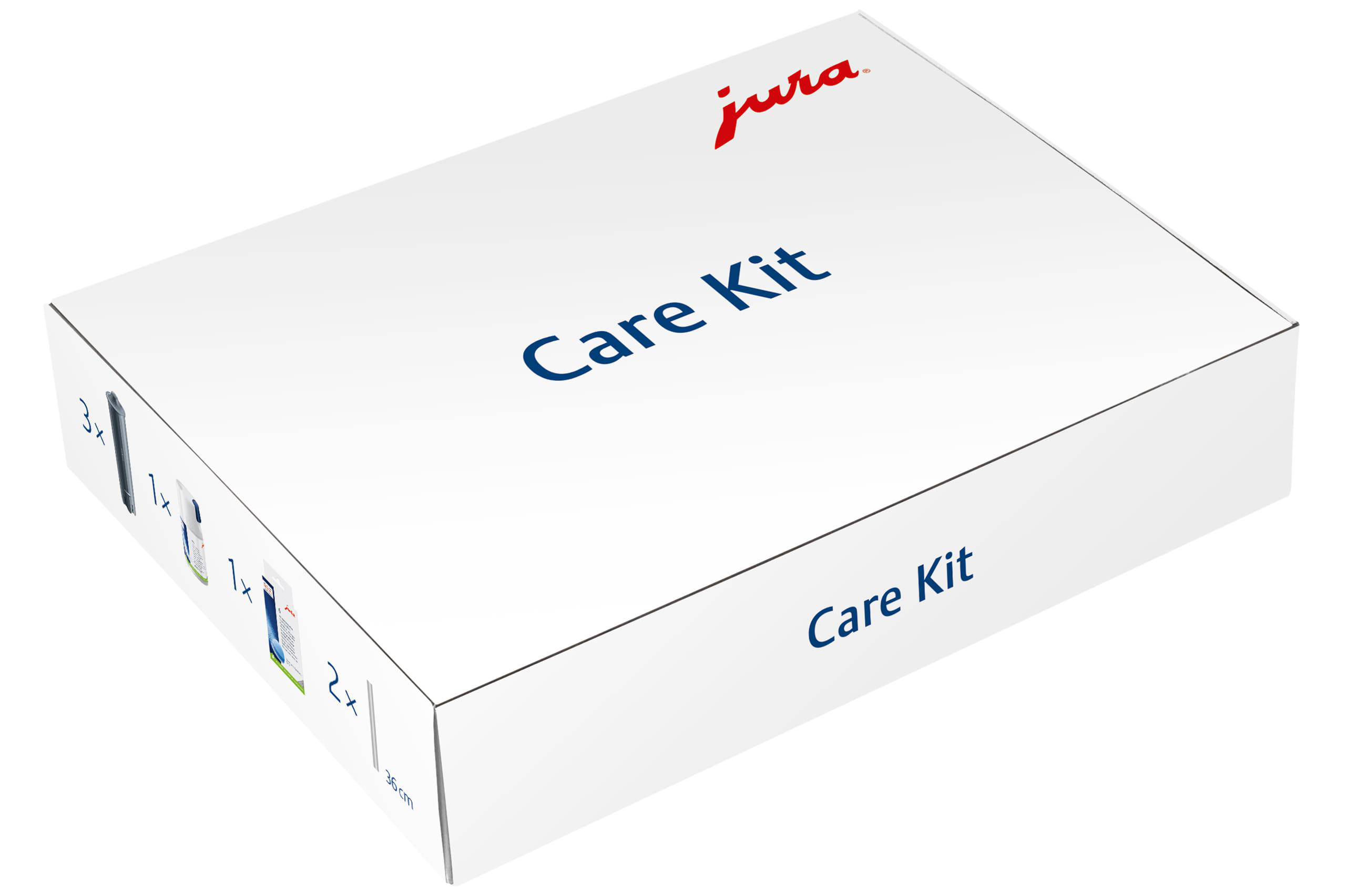 Eine weiße Box mit der Aufschrift 'Care Kit' mit einem kleinen Behälter und Textdetails, isoliert auf Weiß.