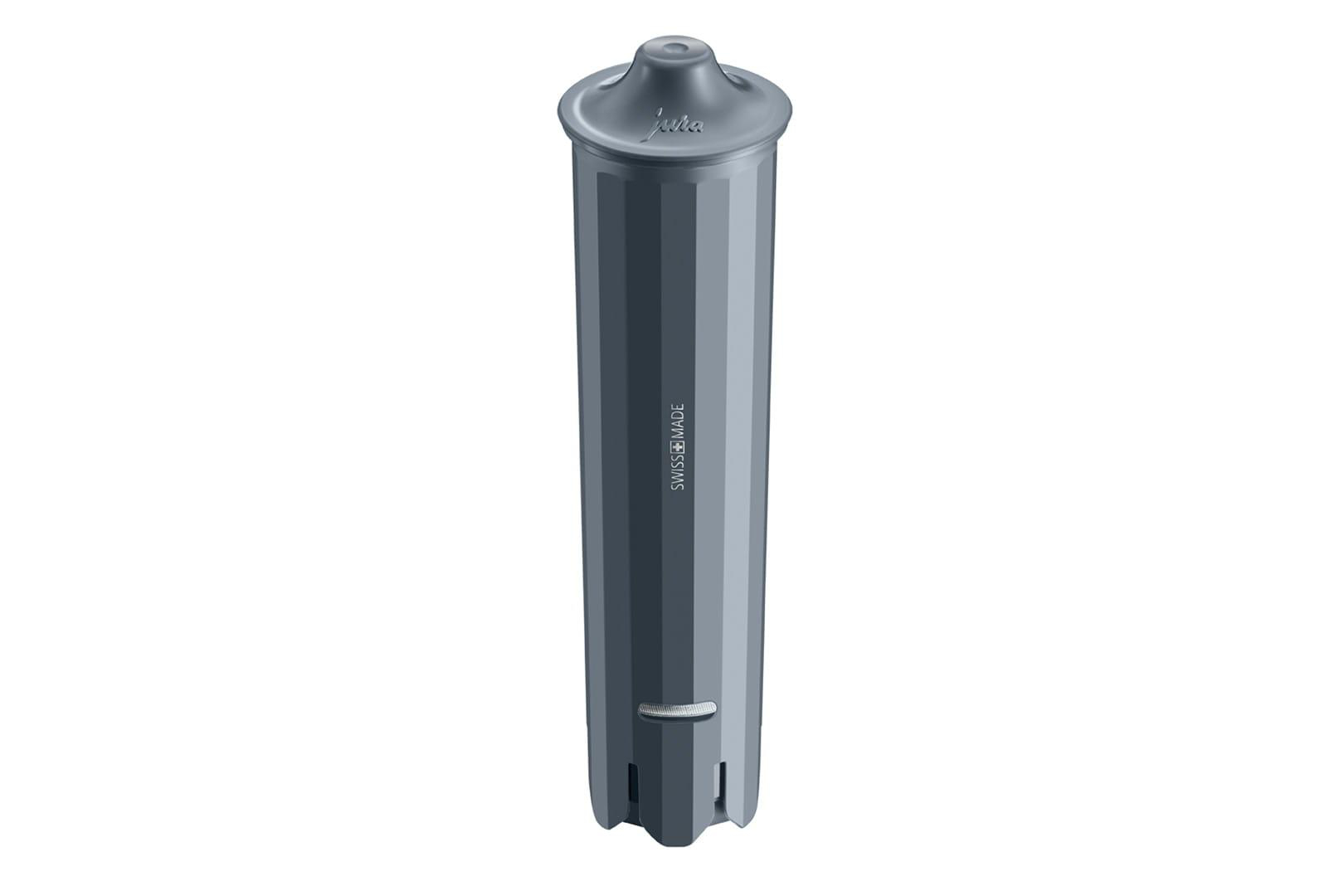 Graue Wasserfilterkartusche mit den Wörtern "Jura" und "Swissmade" darauf.