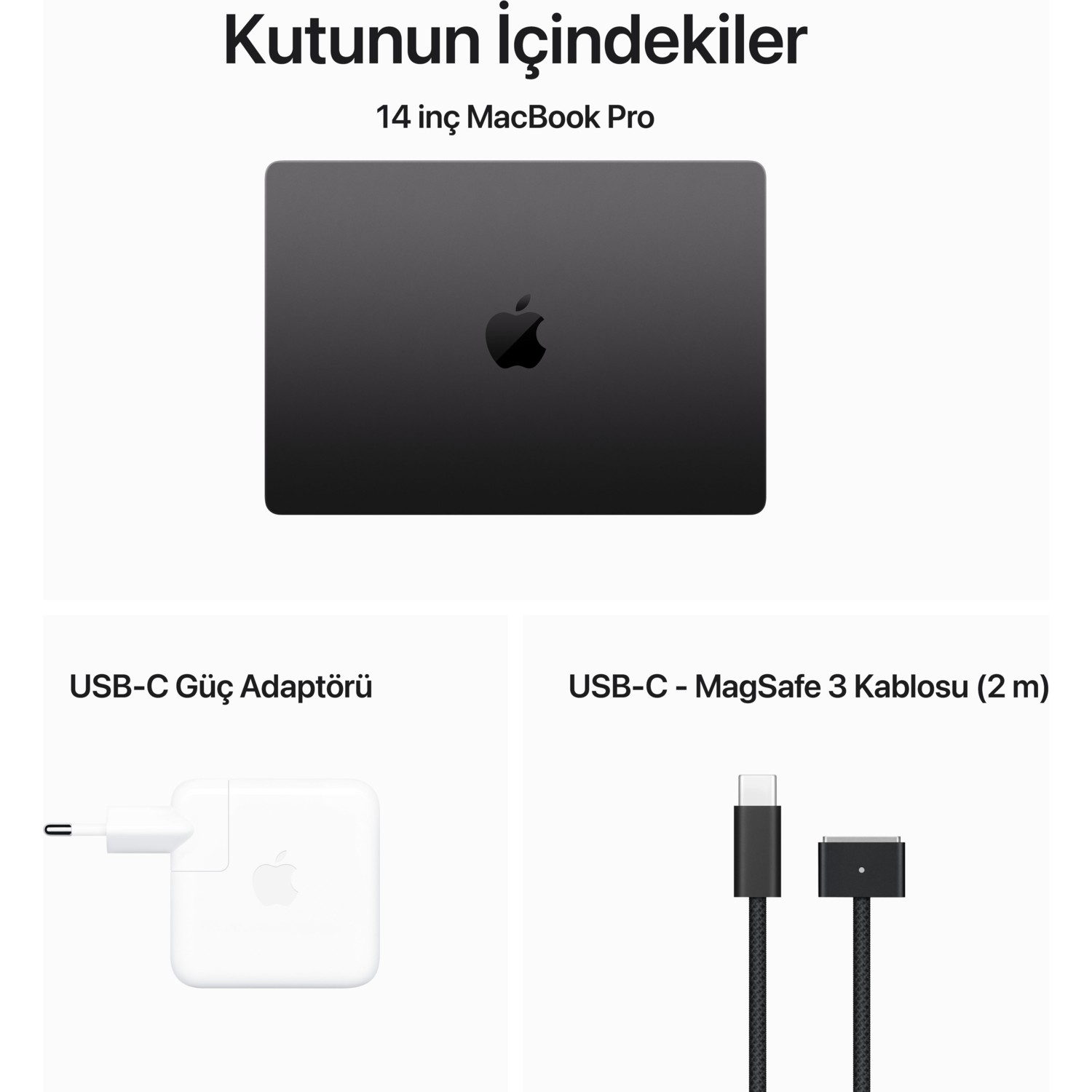 MacBook Pro, güç adaptörü ve kablo görüntüsü, hepsi karanlık bir düzende.