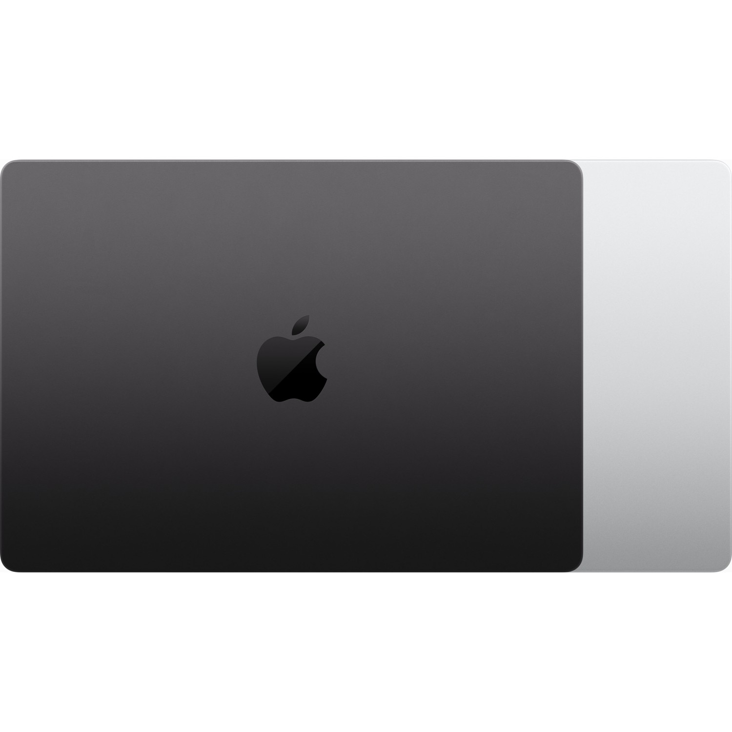 Apple logolu siyah MacBook, kısmen açık, gümüş tarafı gösteriyor.