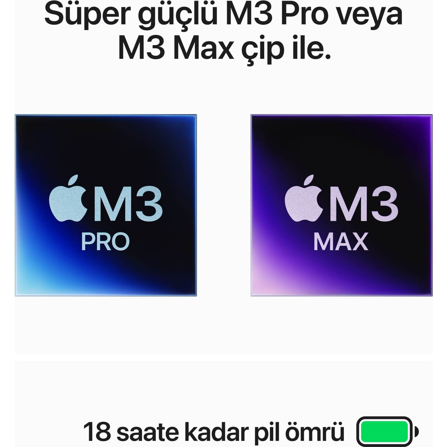 Apple logolu M3 Pro ve M3 Max olmak üzere iki çip gösteriliyor. M3 Max çipi mor bir degradeye sahip.