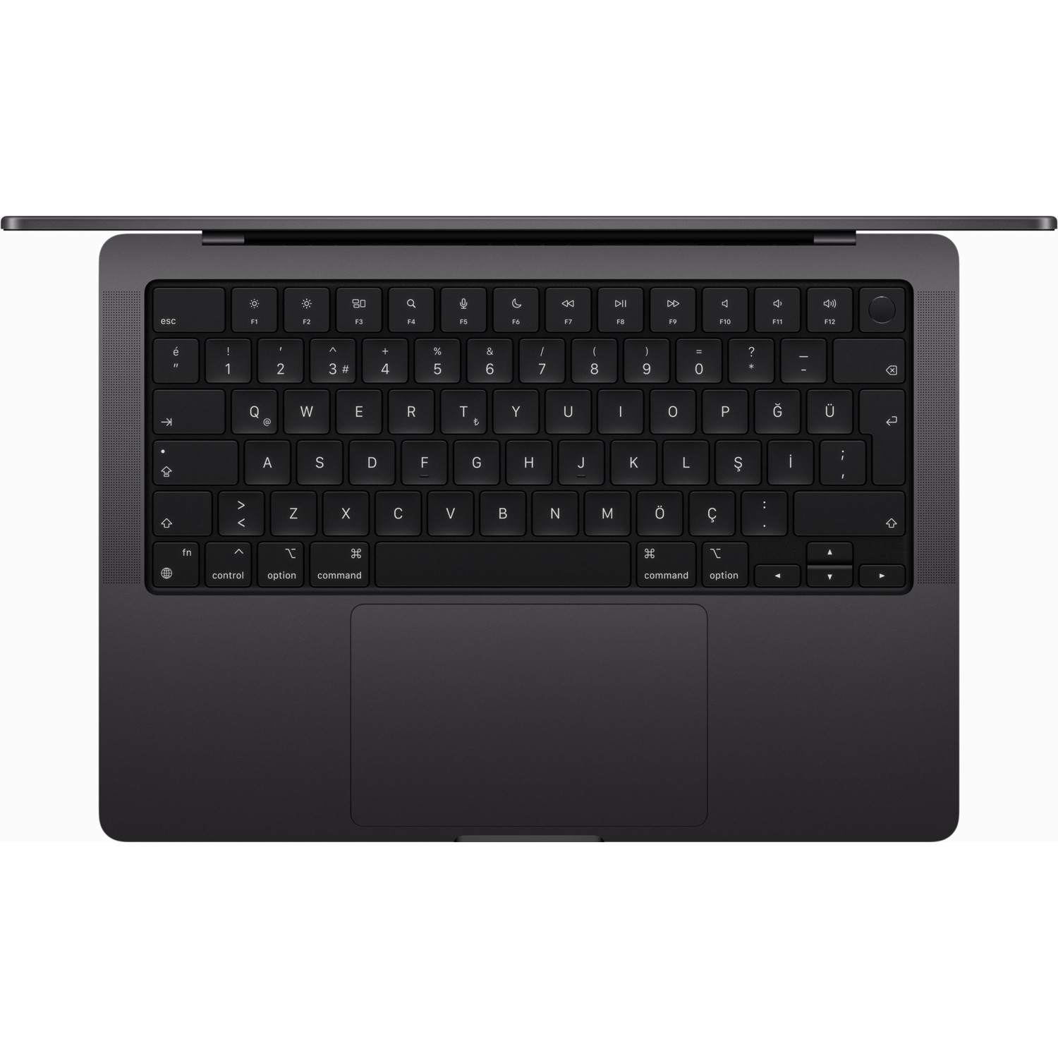 Siyah MacBook Pro klavyesi, yukarıdan görünüm, beyaz yüzey üzerinde.