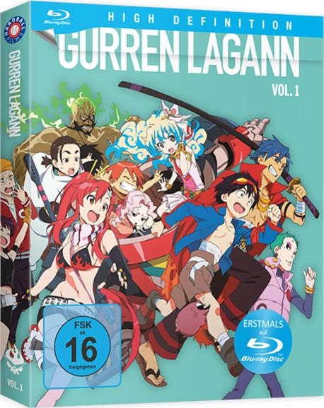 DVD-Cover für 'Gurren Lagann Vol. 1' mit Anime-Charakteren in Aktion.