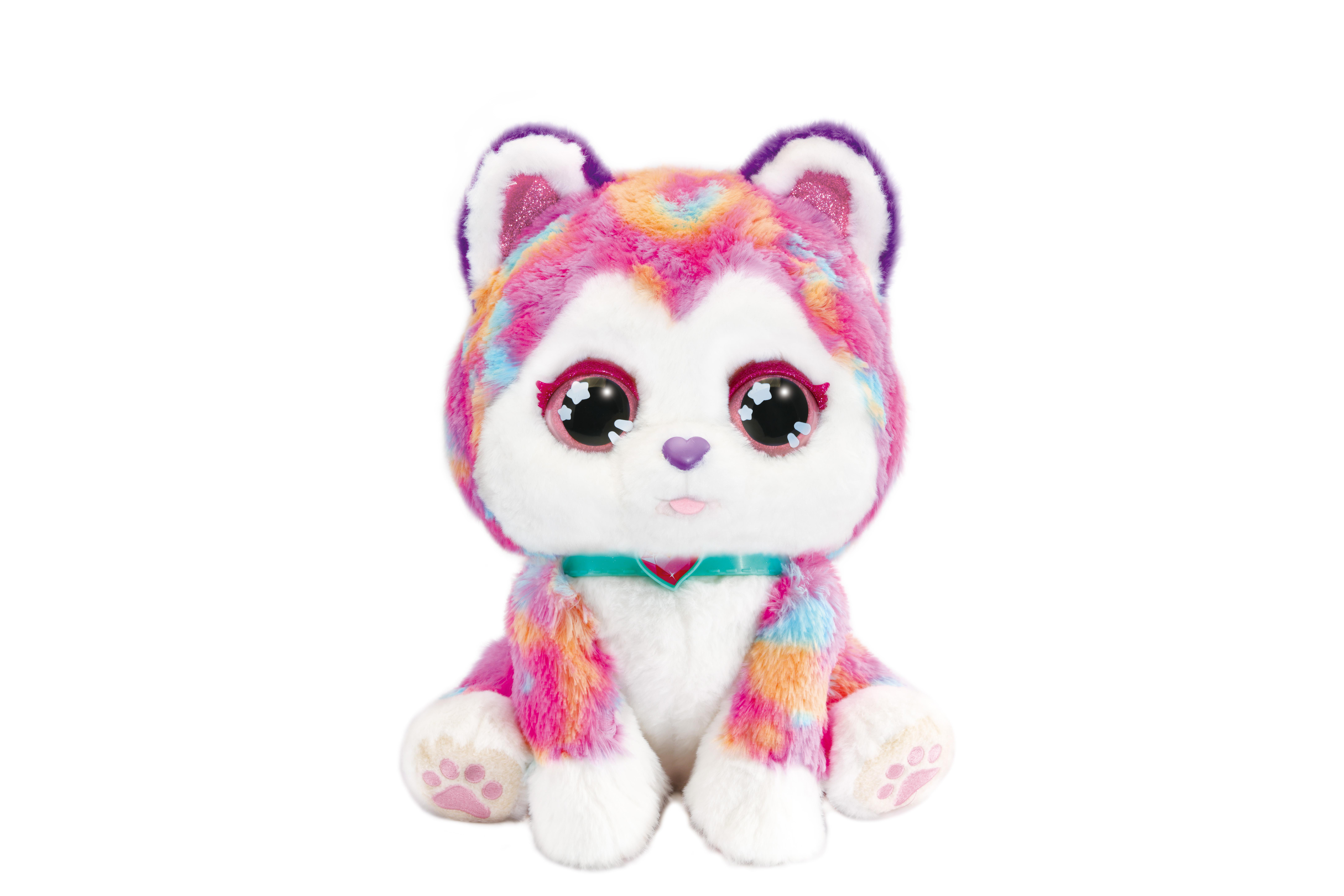 Ein buntes Husky-Plüschtier mit großen Augen. Es hat Regenbogenfell und einen türkisfarbenen Kragen. Weißer Hintergrund.