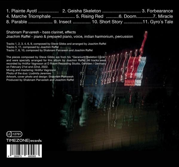 Rückseite eines Albums mit Titelliste, Credits und einem verschwommenen, farbenfrohen Bild.