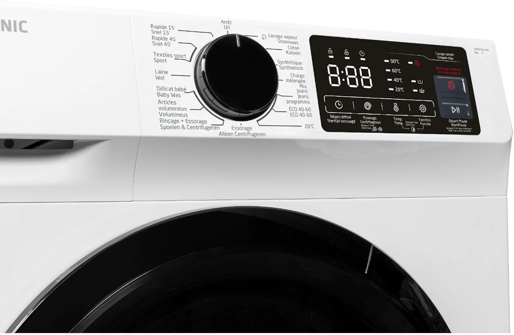 Washing machine control panel. White machine. Digital display visible.