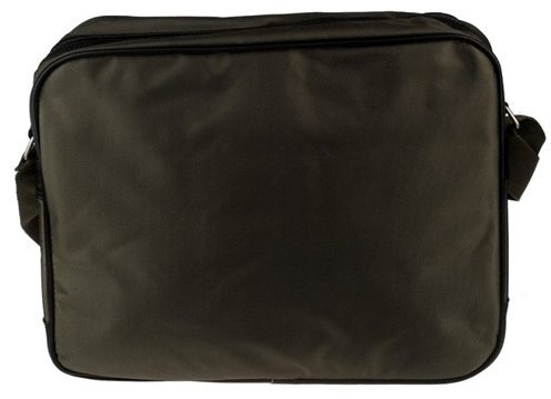 Ciemna torba listonoszka z zamkiem błyskawicznym i paskiem.