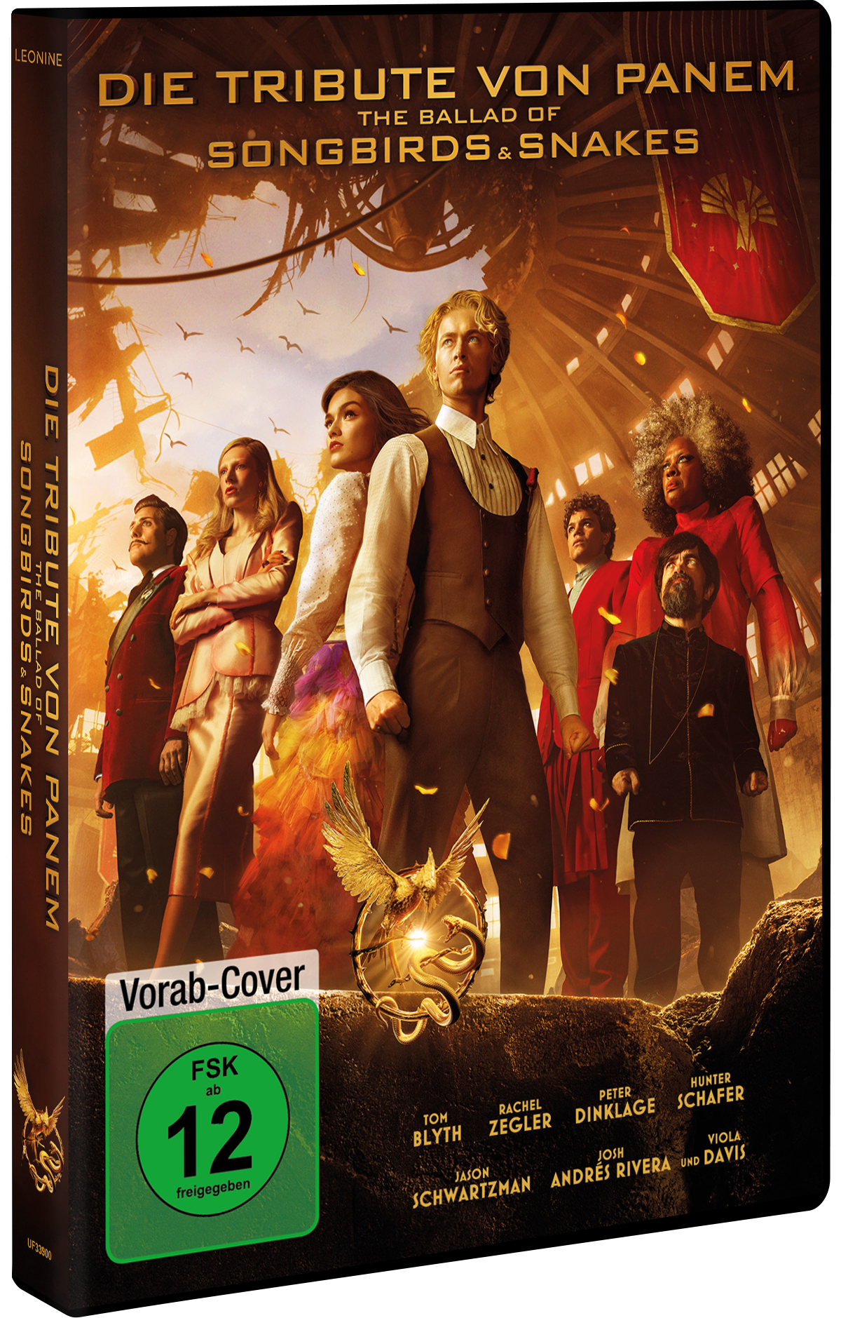 Filmcover für Die Tribute von Panem. Schauspielergruppe, rotes und goldenes Thema.