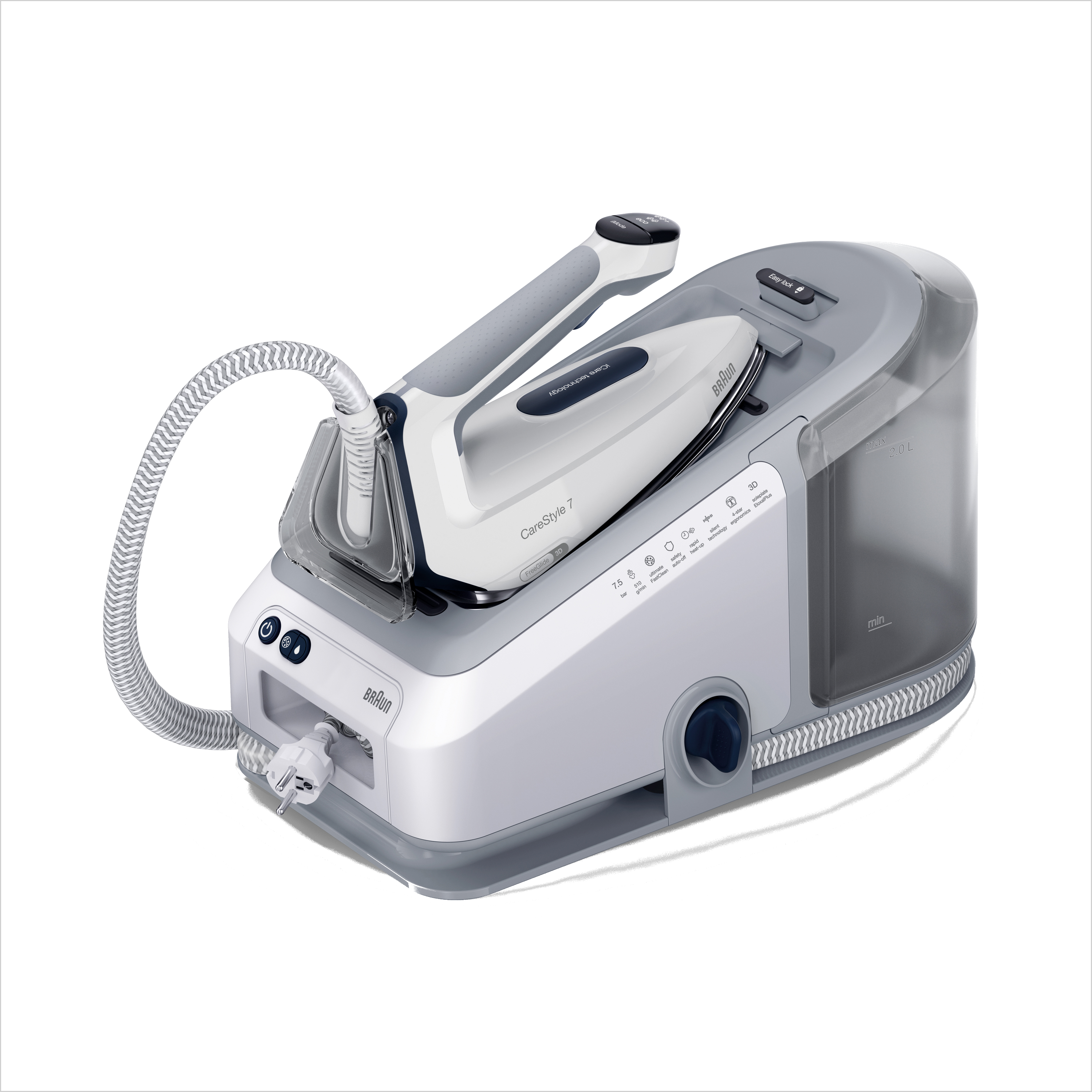 Braun Bügelstation mit schwarzem Griff und grauem Sockel, auf schwarzem Hintergrund.