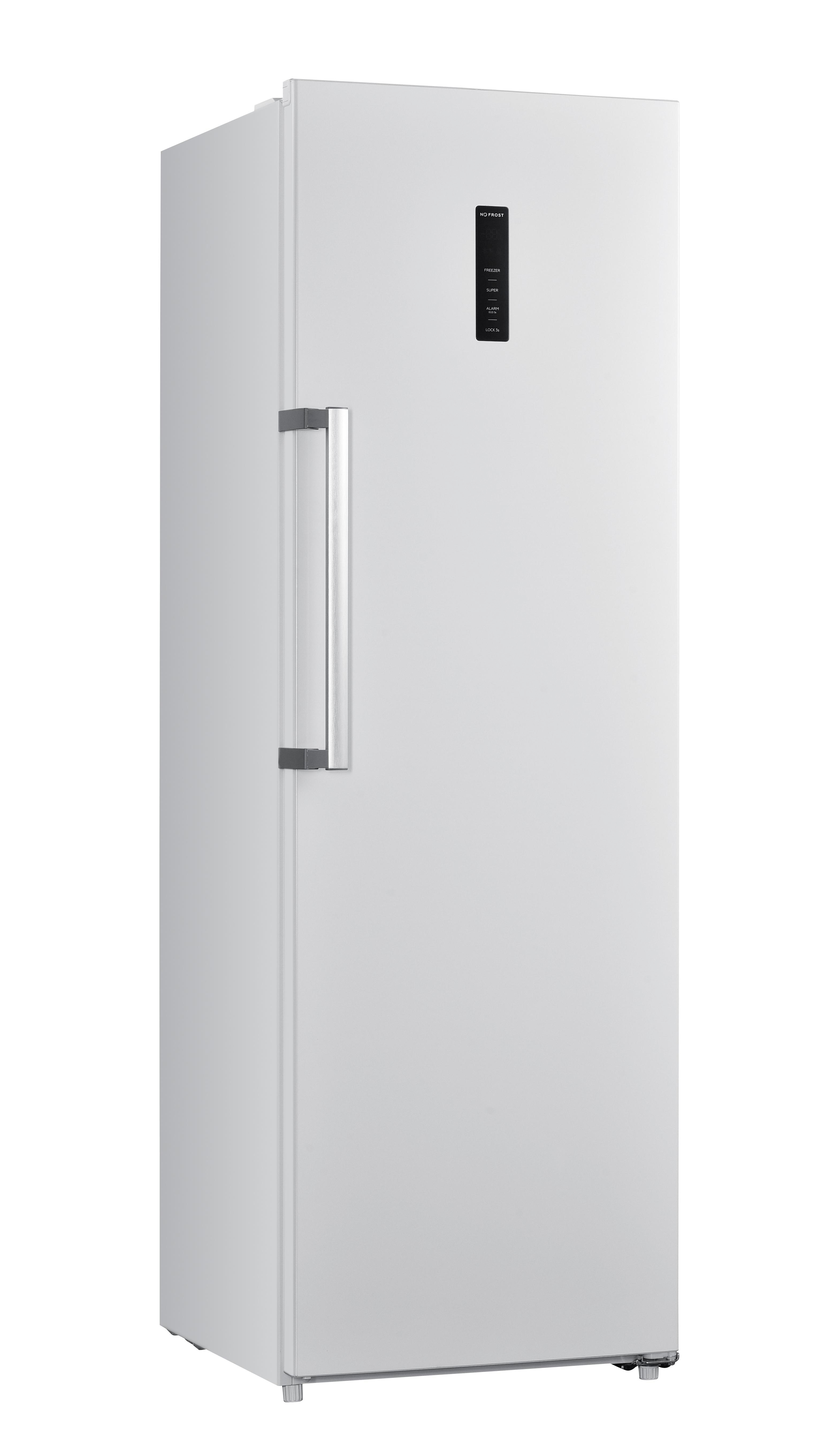 Ein weißer, hoher Kühlschrank mit silbernem Griff und einem Display.