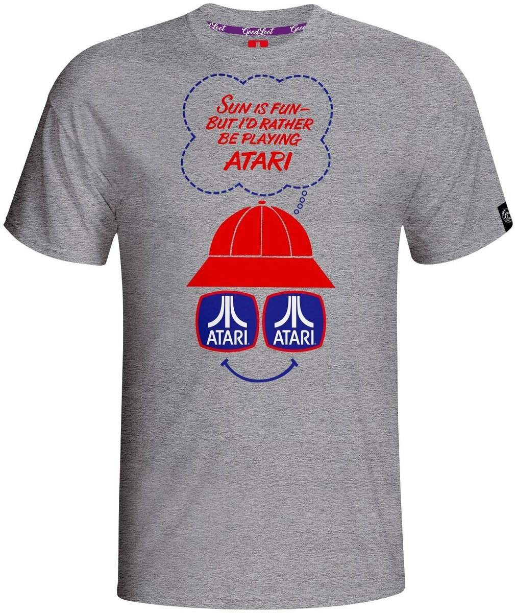 Szara koszulka z retro wzorem Atari i dymkiem z napisem: Słońce jest fajne, ale wolę grać w Atari.
