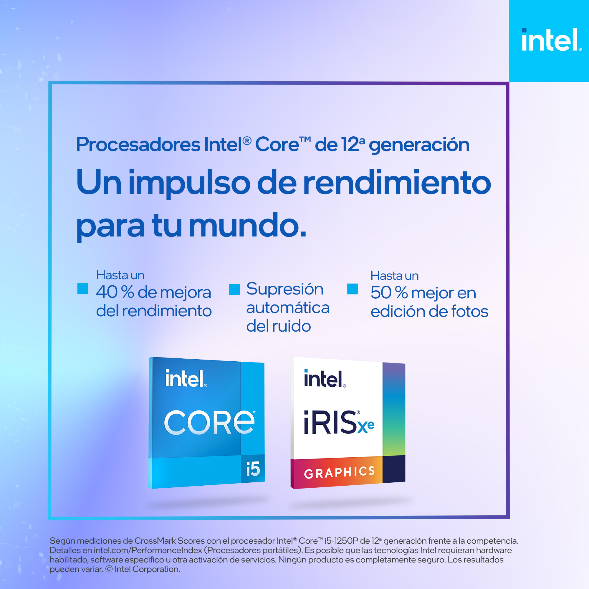 Anuncio de Intel con colores azules y blancos, mostrando imágenes de procesadores y datos de rendimiento.