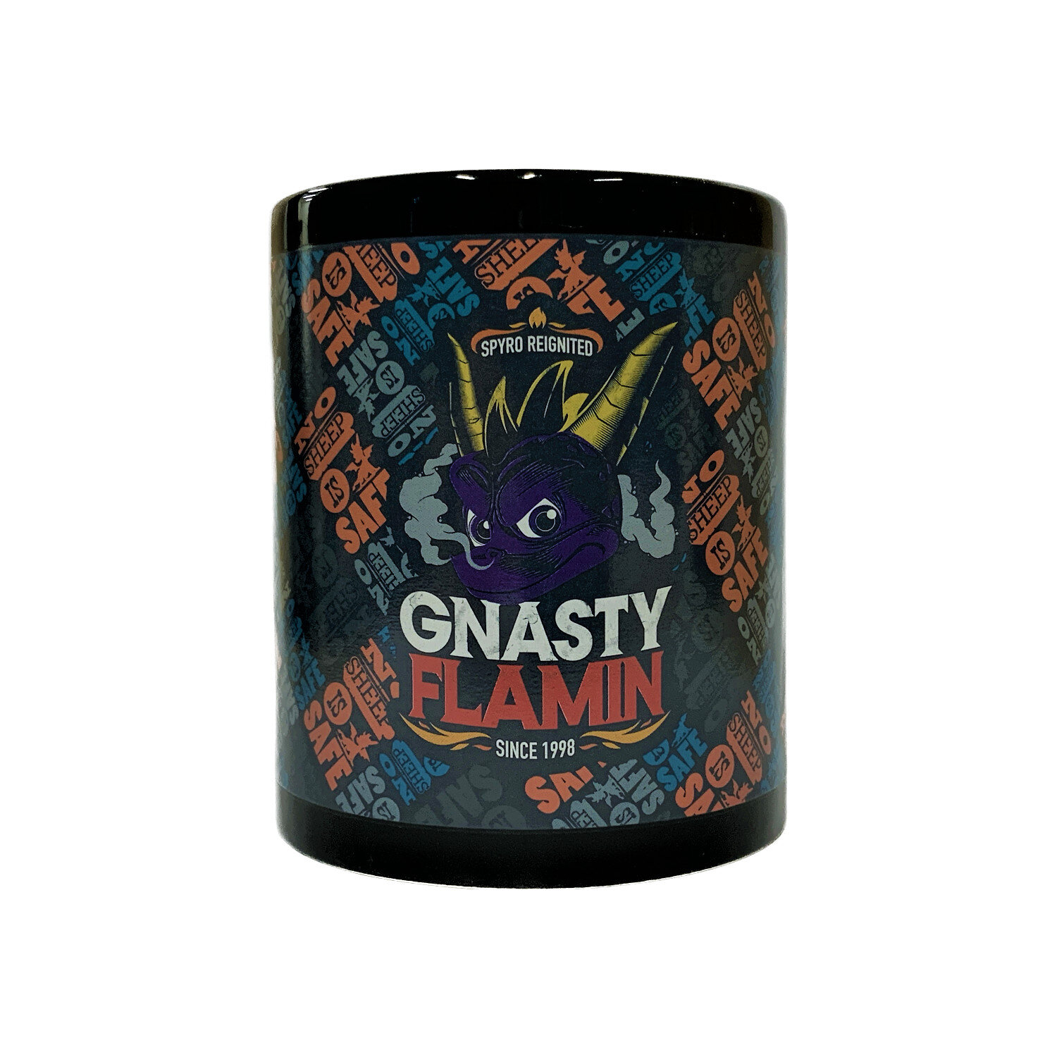 Czarny cylindryczny pojemnik z grafiką Spyro Reignited i napisem 'Gnasty Flamin'.