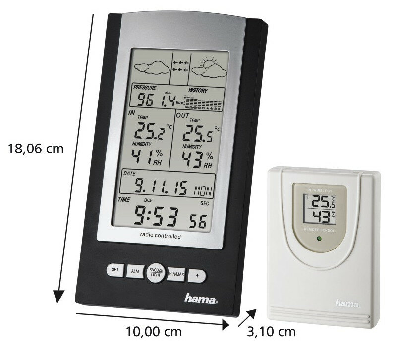 Stacja pogodowa z wyświetlaczem pokazującym ciśnienie, temperaturę, wilgotność, datę i godzinę.