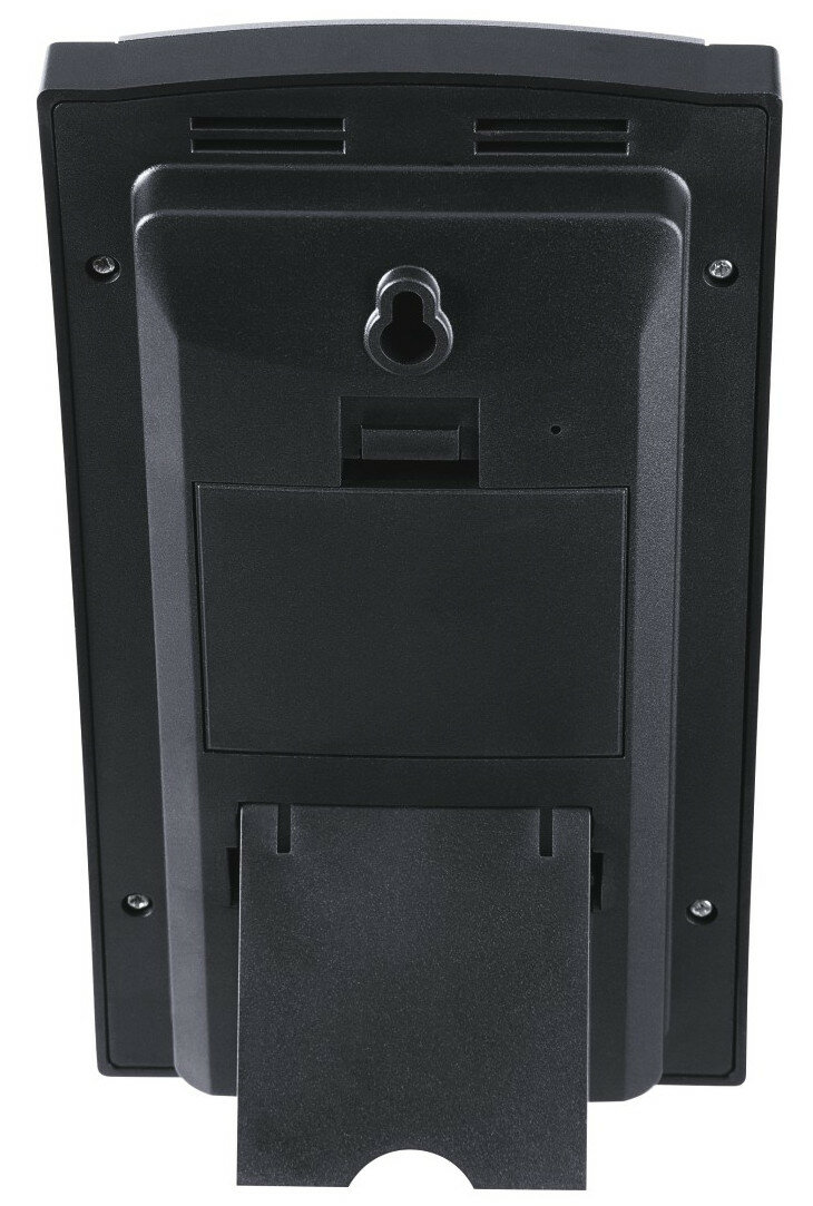 Tył czarnego urządzenia cyfrowego ze stojakiem.