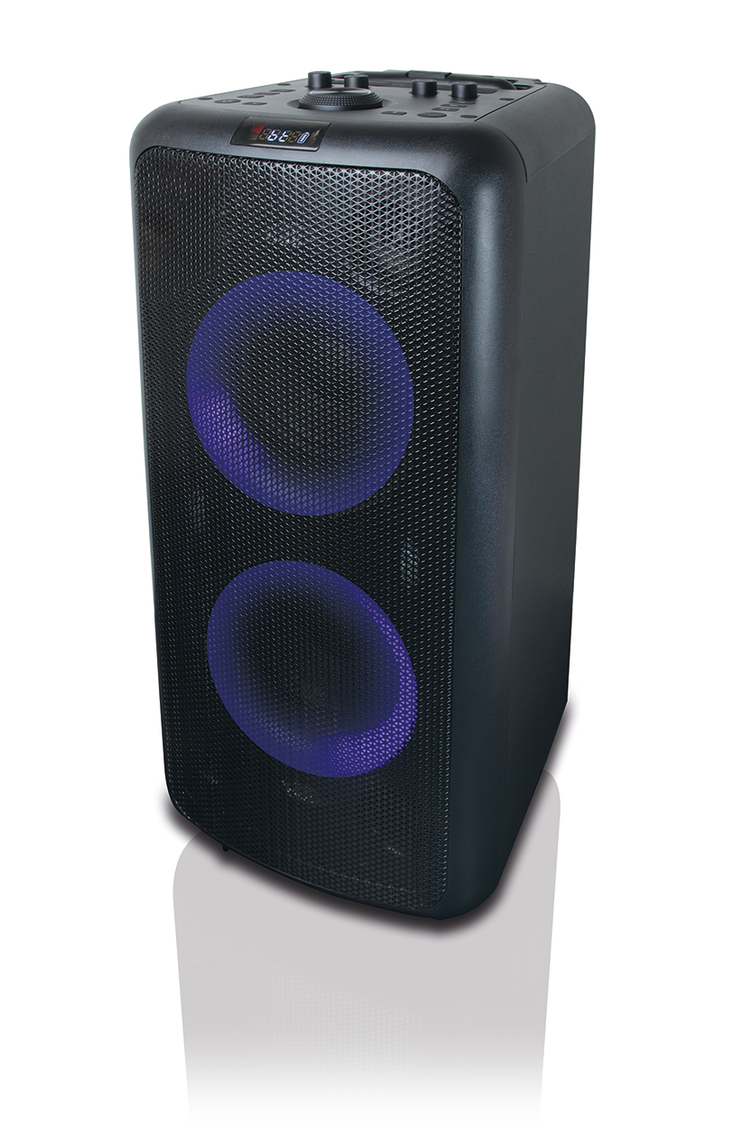 Eine schwarze Soundbar mit Bedienelementen oben, weißer Hintergrund.