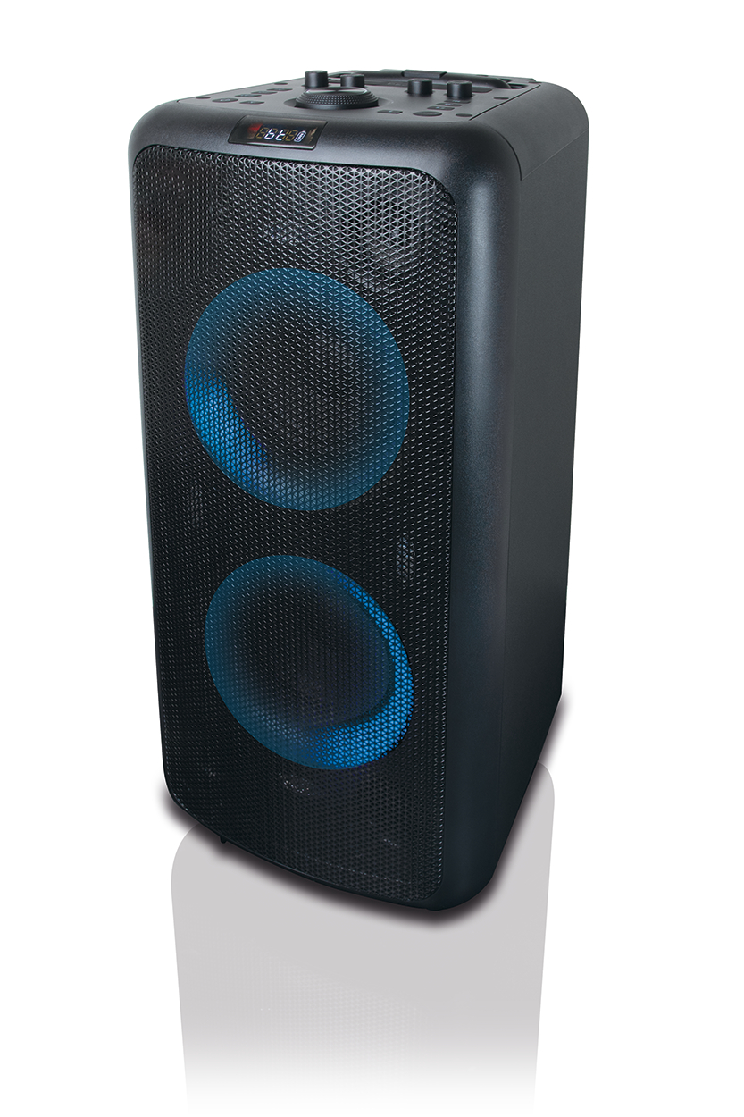Ein schwarzer Lautsprecher mit blau leuchtenden Lichtern, mit dem Markennamen 'Logitech'.