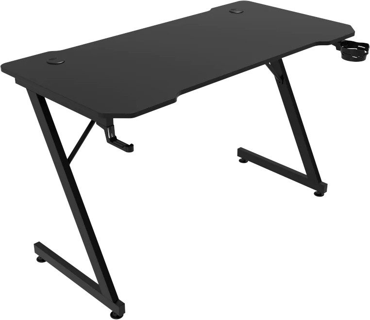 Bureau de gaming noir avec base en Z et porte-gobelet.