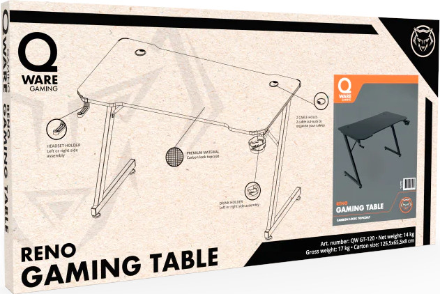 Boîte de bureau de jeu. Elle présente une image de table avec des dimensions, des détails du produit et le logo de la marque.