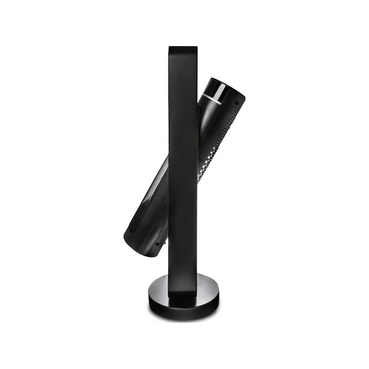 Czarny głośnik na podstawie. Kątowa konstrukcja, okrągła podstawa. Białe tło. Nowoczesna estetyka.