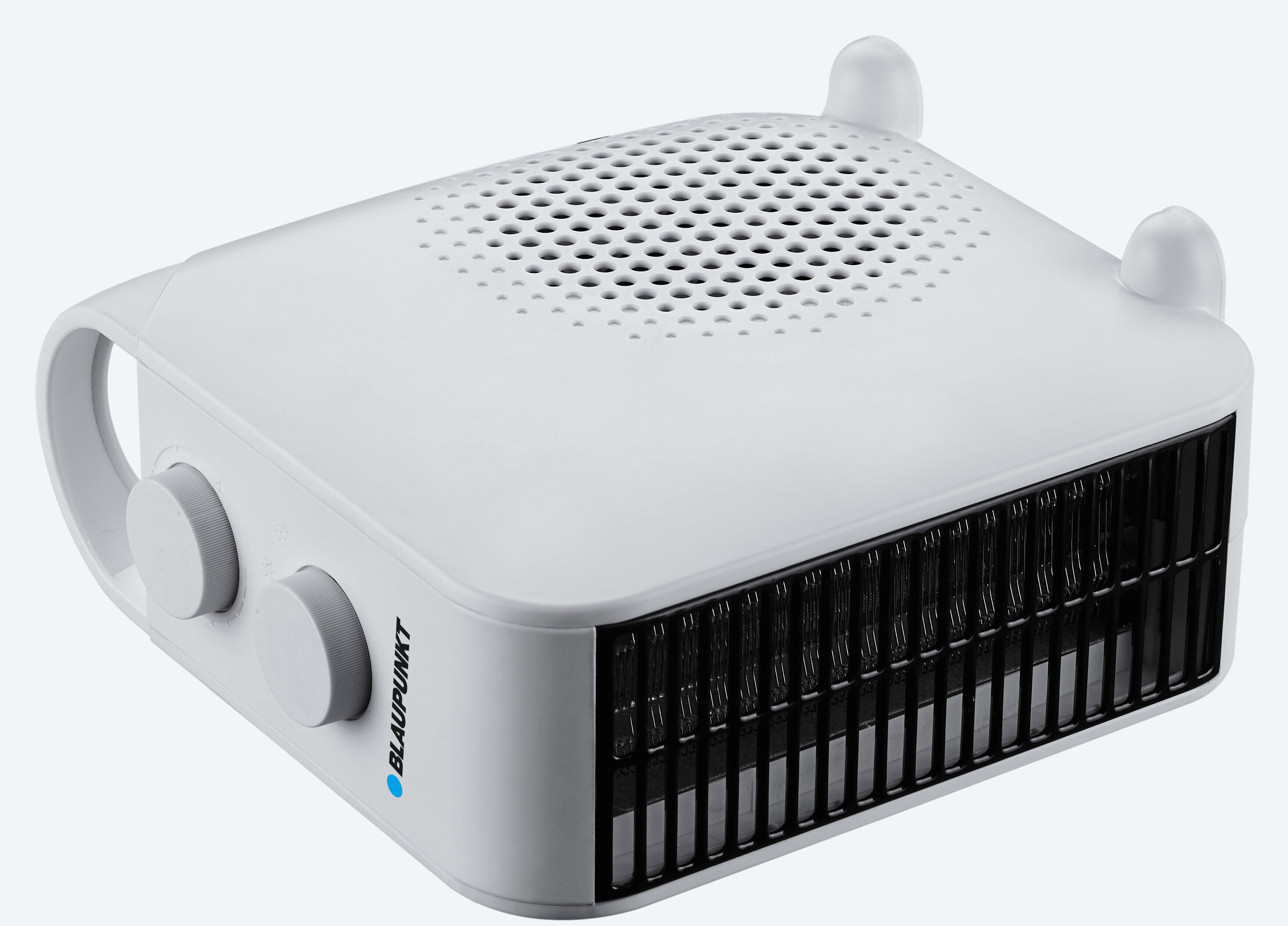 Biały grzejnik z wentylatorem, czarnymi kratkami i dwoma pokrętłami.