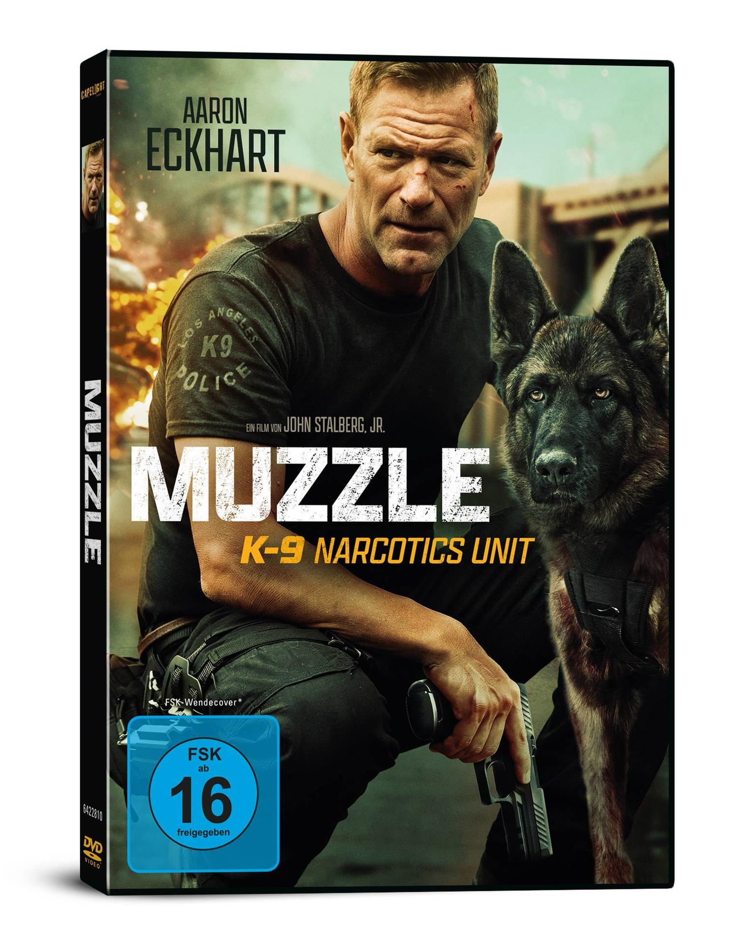 DVD-Cover mit Mann und Hund, mit Text 'MUZZLE'.