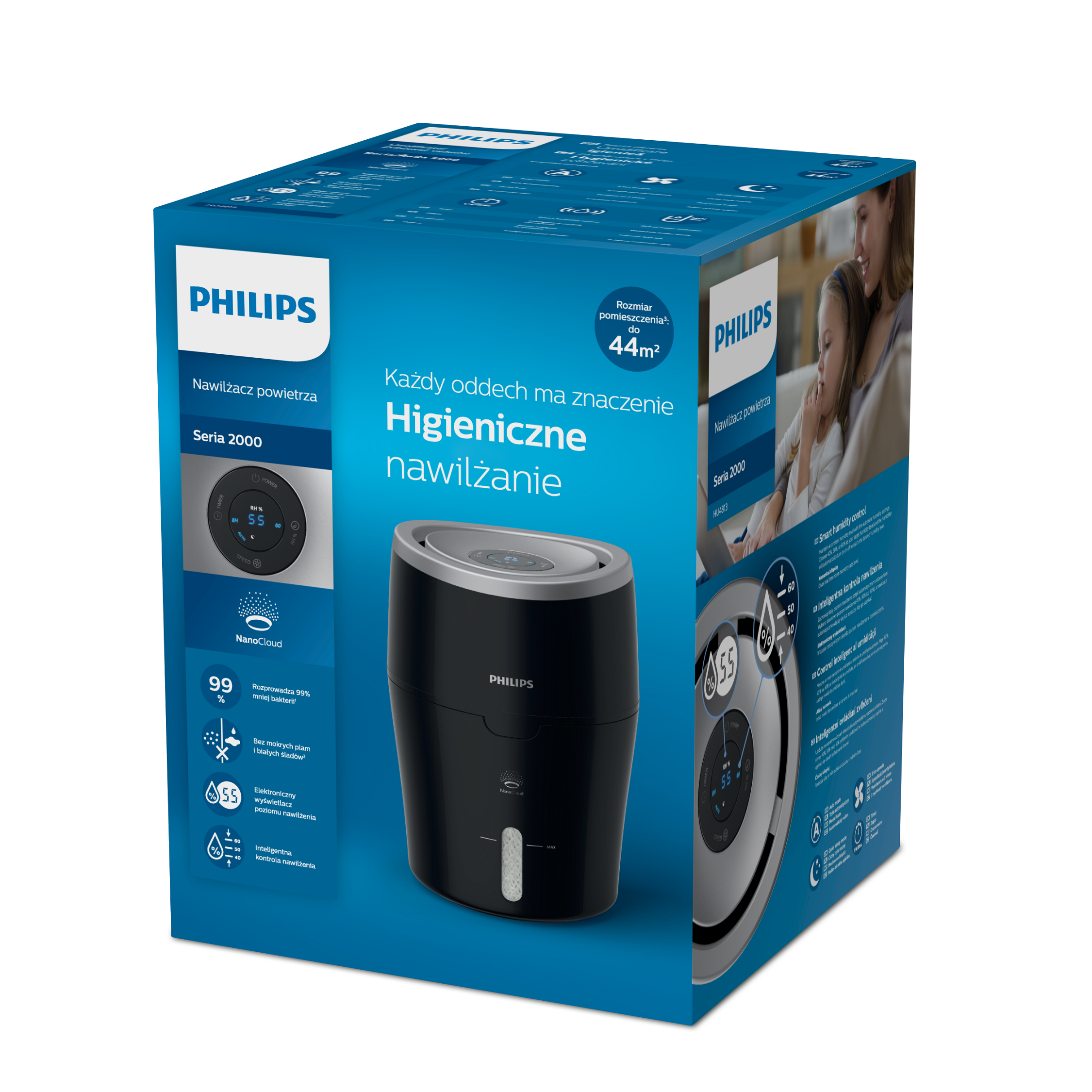 Pudełko nawilżacza powietrza Philips, czarno-biały design. Białe tło.