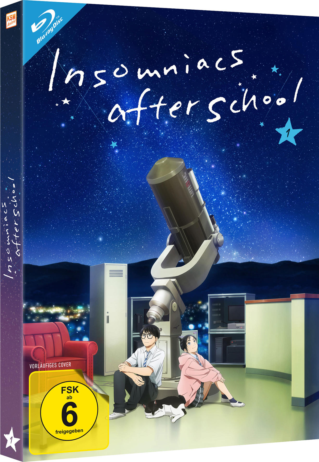 Anime Blu-ray-Hülle mit dem Titel: Insomniacs After School. Zeigt eine Nachthimmel-Szene.