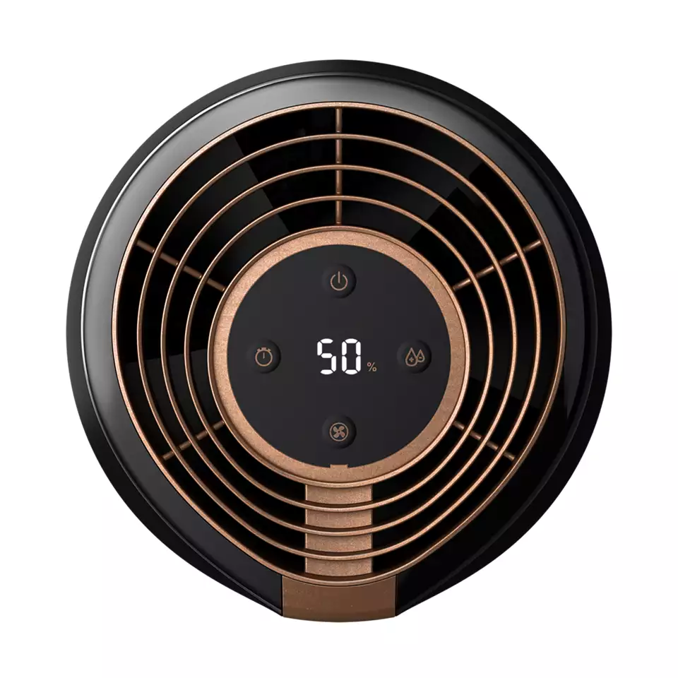 Czarny oczyszczacz powietrza o okrągłym kształcie i cyfrowym wyświetlaczu.