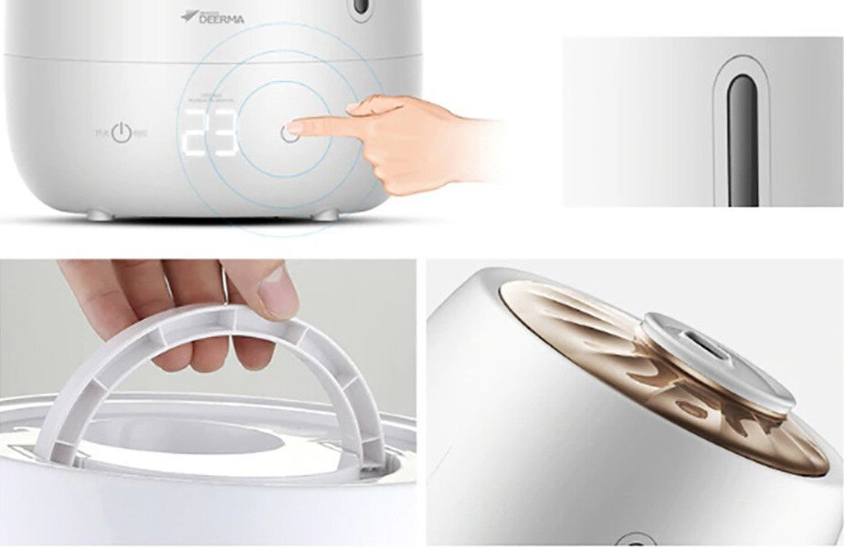 Pokazano biały nawilżacz z detalami elementów sterowania dotykowego, uchwytem i górą. Ręka dotyka przycisku zasilania.