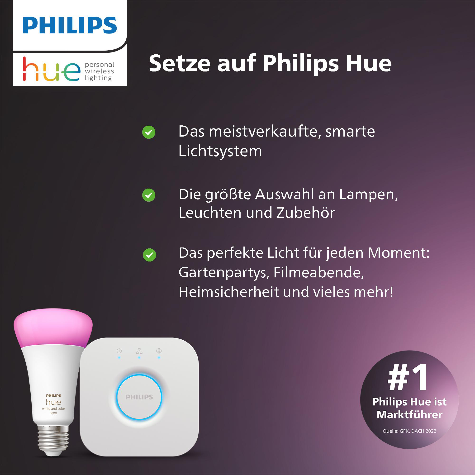 Philips Hue Smart-Beleuchtungsset mit einer Glühbirne und einer Bridge. Der Hintergrund ist dunkel.