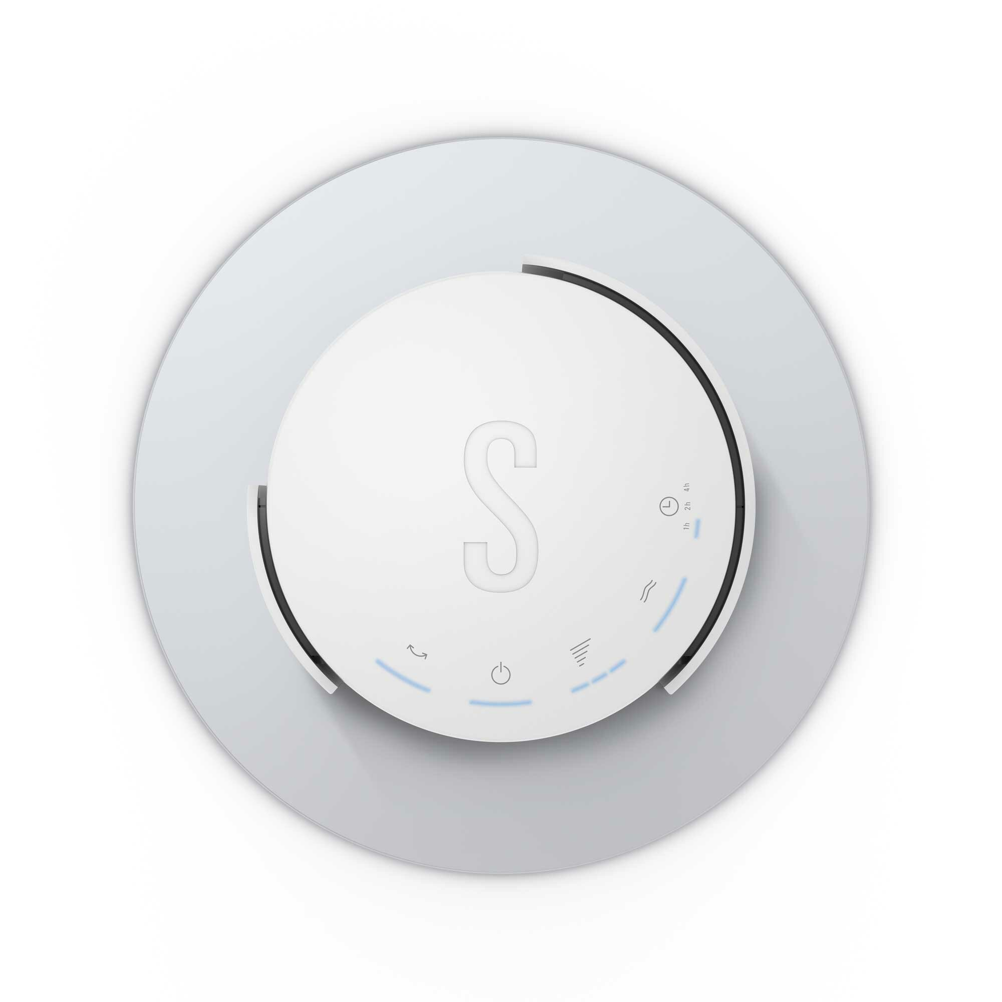 Białe, okrągłe urządzenie z logo 'S', otoczone jasnoszarym okręgiem. Posiada sterowanie dotykowe.