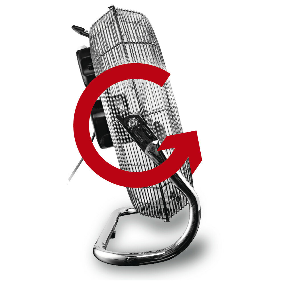 Metalowy wentylator z czerwoną strzałką wskazującą ruch obrotowy.