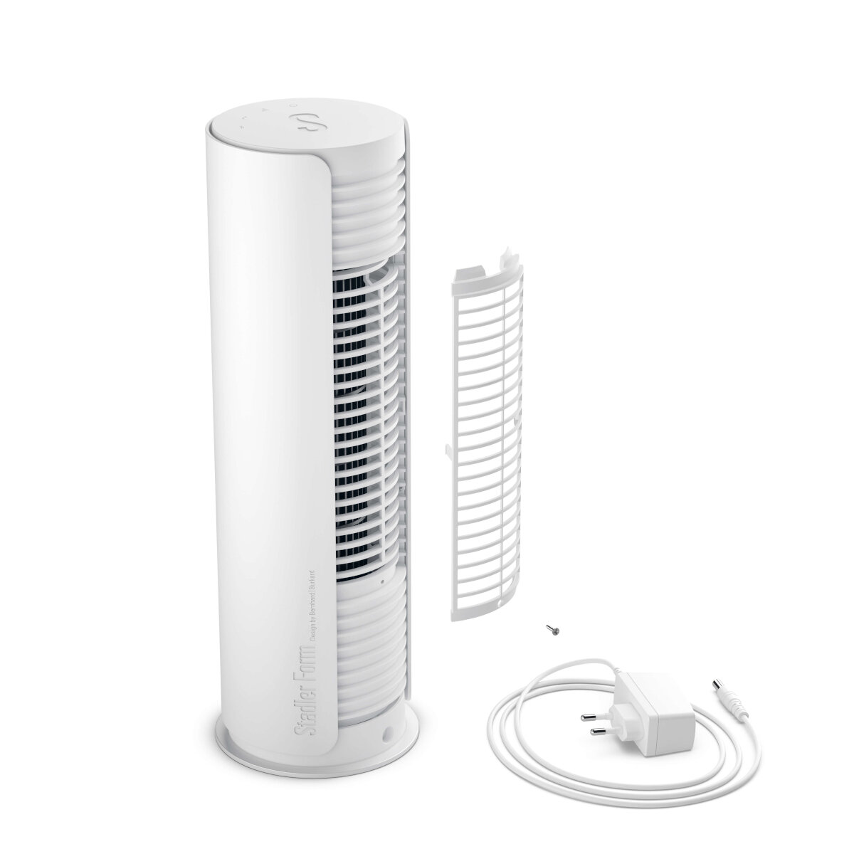 Biały cylindryczny oczyszczacz powietrza, z odłączonym filtrem i przewodem.