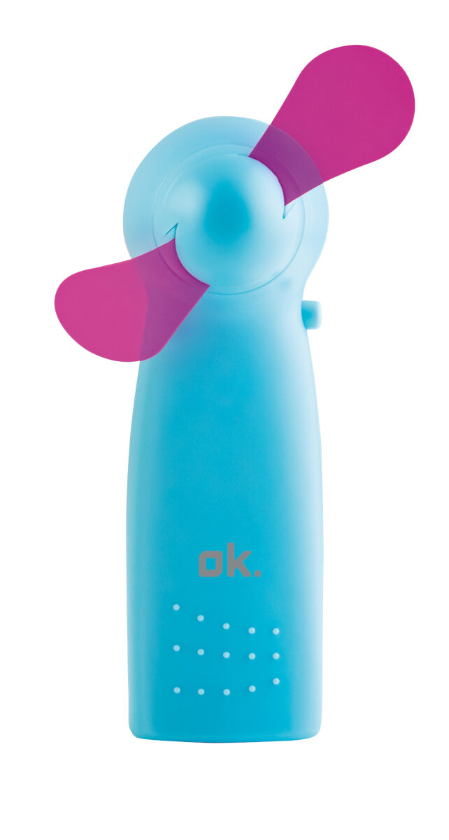 Niebiesko-różowy wentylator ręczny z napisem 'ok.' na białym tle.