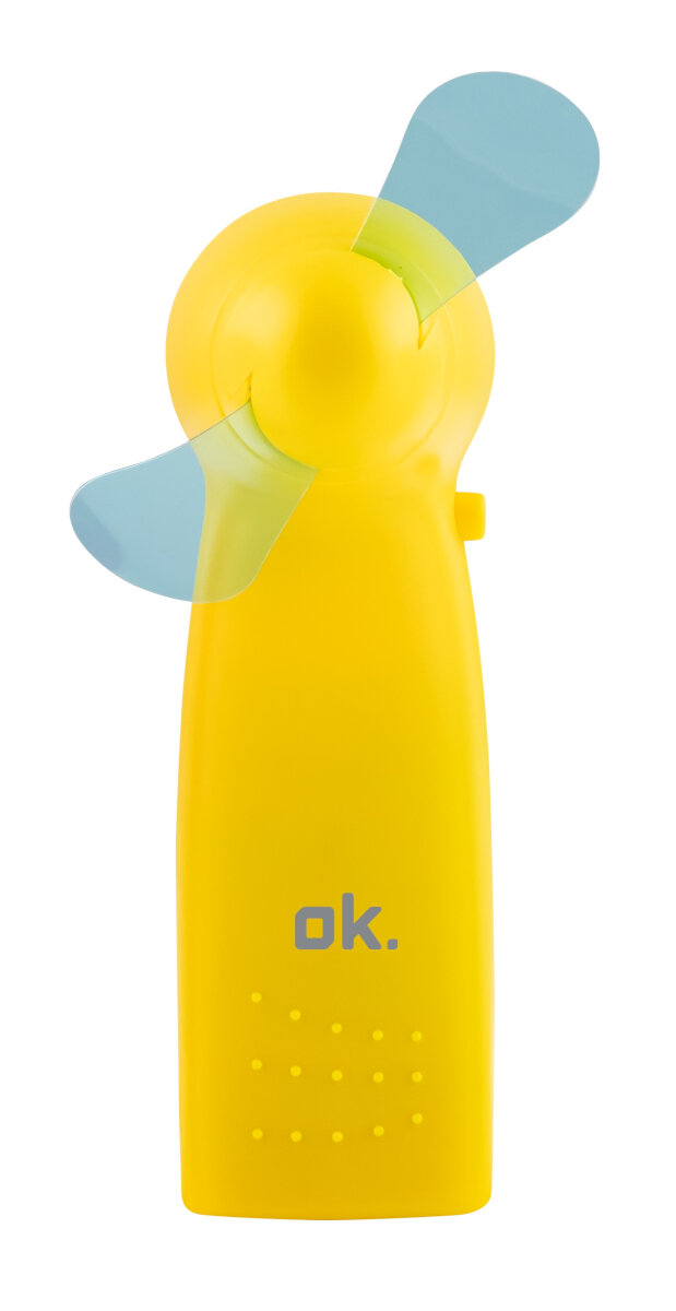 Żółty wentylator przenośny z niebieskimi łopatkami, widok z przodu.