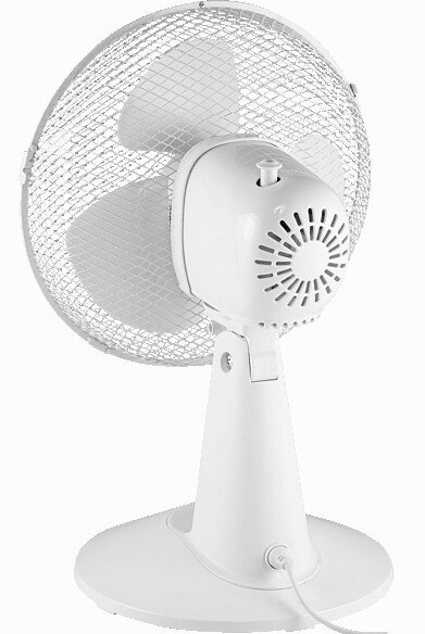 Biały wentylator biurkowy z siatkową osłoną i widocznym silnikiem.