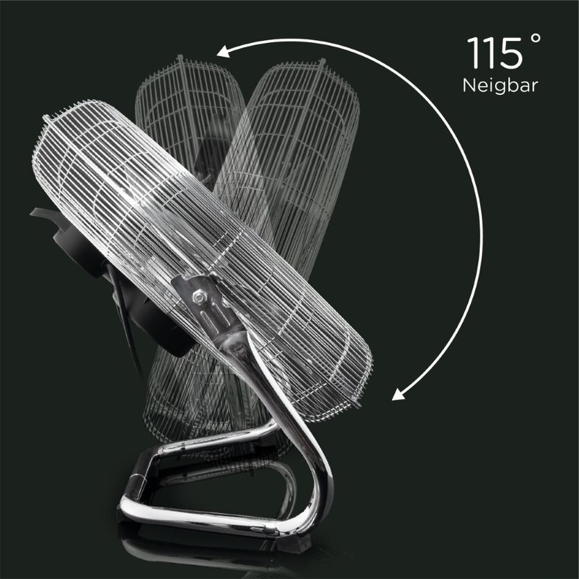 Wentylator z metalową klatką, ustawiony pod kątem ze wskaźnikiem stopni.