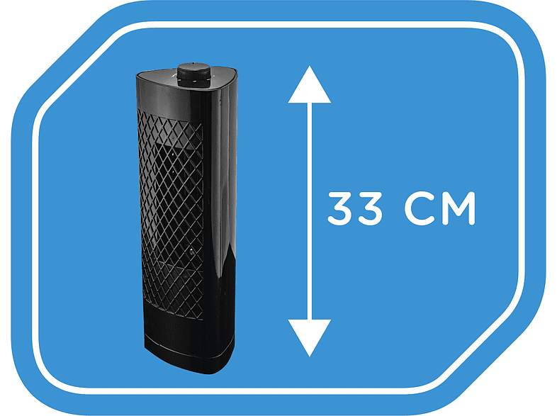 Czarny wentylator wieżowy, 33 cm wysokości, na niebieskim tle. Ma wzór diamentu. Pokrętło na górze.