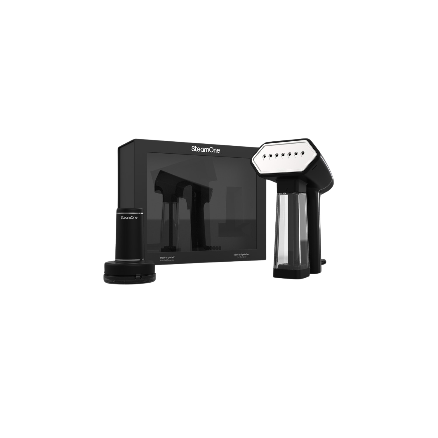 Ensemble de défroisseur SteamOne. Il comprend un défroisseur, une base et une boîte avec une image du défroisseur.