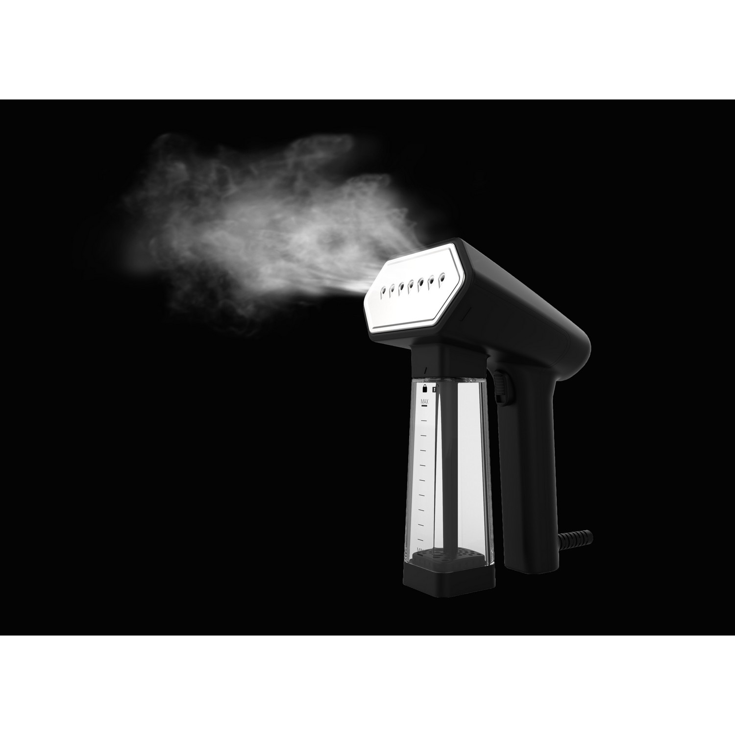 Un défroisseur noir libérant de la vapeur.