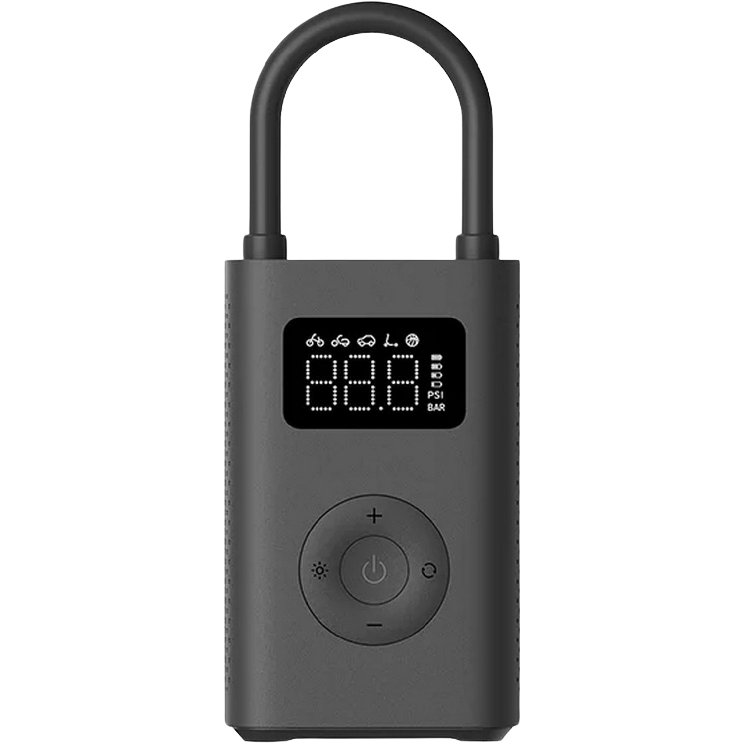 Un gonfleur de pneus portable noir avec un écran numérique et des boutons de commande.