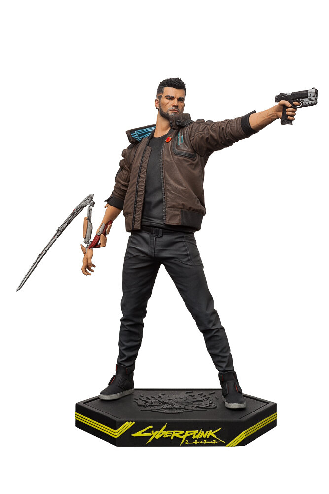Figurka Cyberpunk 2077 mężczyzny z pistoletem i mieczem.